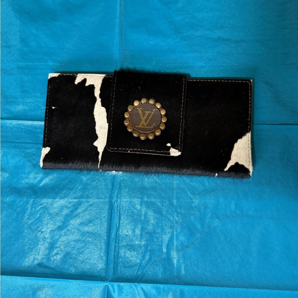 LV Black and White Cowhide Continental Wallet with Stud Accent